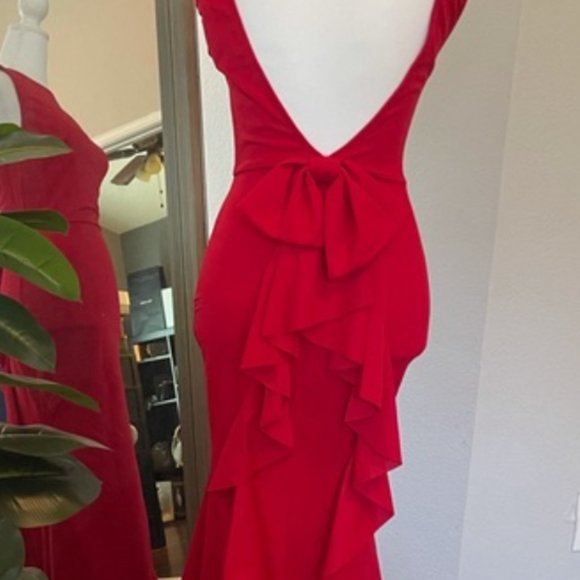 Fashion Nova Such A Lady Ruffle Dress, Bow & Ruffle, Red, XS, Deep V Back - Picture 3 of 6